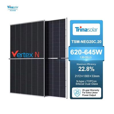 Trina Solar 620-645W PV mono bifacial double verre avec cadre en alliage d'aluminium anodisé